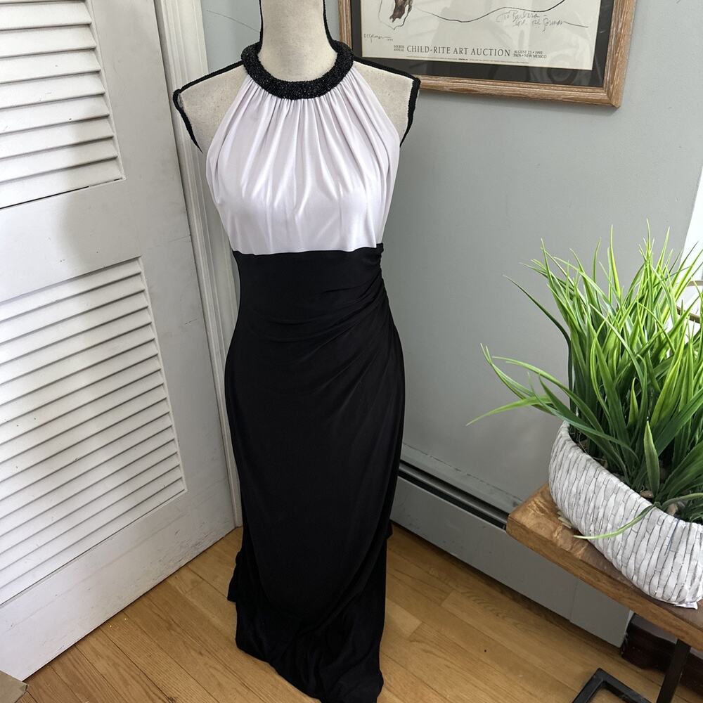 LRL Ralph Lauren Dress Womens 8 Black White Sheath Beaded Halter Evening Wedding